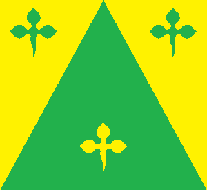 Arms Image: Or, a pile cotised vert, three trefoils slipped, two and one, countercoloured